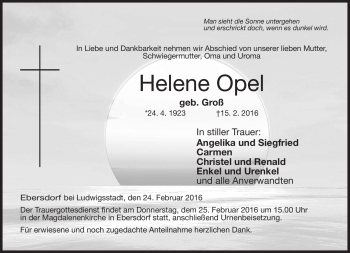 Traueranzeige von Helene Opel von Neue Presse Coburg