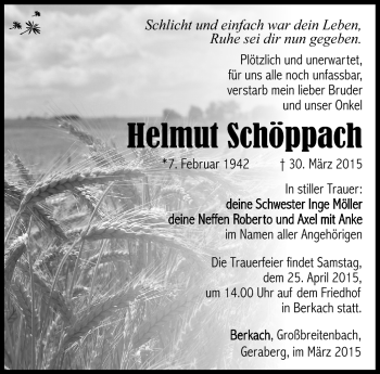 Traueranzeige von Helmut Schöppach von Südthüringer Presse