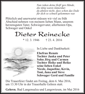 Traueranzeige von Dieter Reinecke von Südthüringer Presse