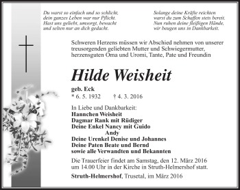 Traueranzeige von Hilde Weisheit von Südthüringer Presse