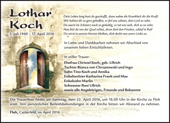 Traueranzeige von Lothar Koch von Südthüringer Presse