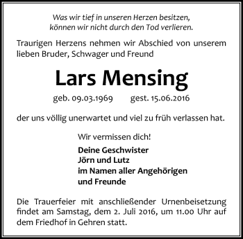 Traueranzeige von Lars Mensing von Südthüringer Presse