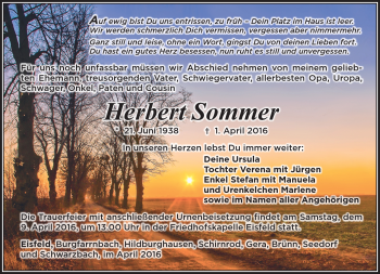 Traueranzeige von Herbert Sommer von Südthüringer Presse