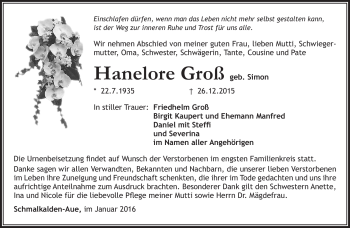 Traueranzeige von Hannelore Groß von Südthüringer Presse