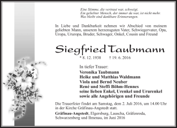 Traueranzeige von Siegfried Taubmann von Südthüringer Presse