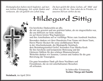 Traueranzeige von Hildegard Sittig von Südthüringer Presse