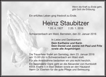 Traueranzeige von Heinz Staubitzer von Frankenpost