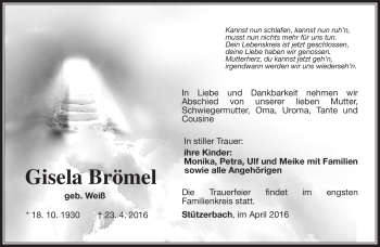 Traueranzeige von Gisela Brömel von Südthüringer Presse