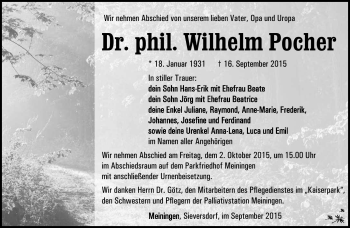 Traueranzeige von Wilhelm Pocher von Südthüringer Presse