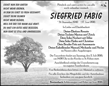Traueranzeige von Siegfried Fabig von Südthüringer Presse