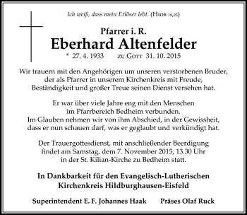 Traueranzeige von Eberhard Altenfelder von Südthüringer Presse