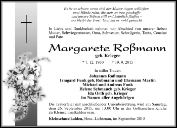 Traueranzeige von Margarete Roßmann von Südthüringer Presse