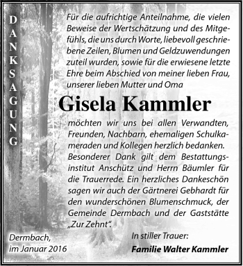 Traueranzeige von Gisela Kammler von Südthüringer Presse