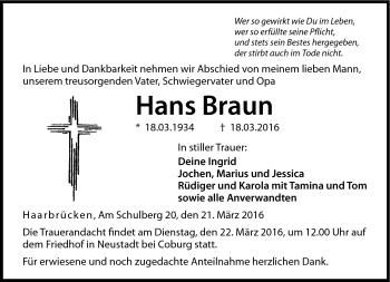Traueranzeige von Hans Braun von Neue Presse Coburg