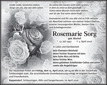 Traueranzeige von Rosemarie Sorg von Südthüringer Presse