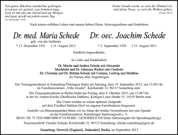 Traueranzeige von Maria und Joachim Schede von Südthüringer Presse
