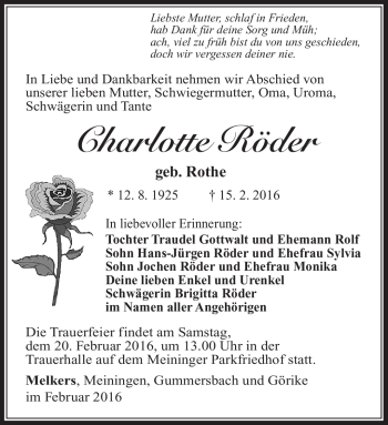 Traueranzeige von Charlotte Röder von Südthüringer Presse