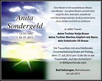 Traueranzeige von Anita Sondergeld von Südthüringer Presse