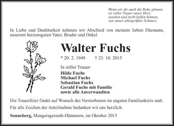 Traueranzeige von Walter Fuchs von Südthüringer Presse