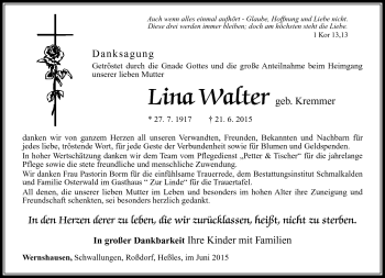 Traueranzeige von Lina Walter von Südthüringer Presse
