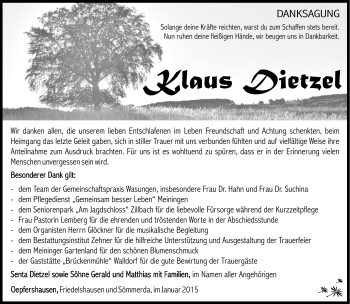 Traueranzeige von Klaus Dietzel von Südthüringer Presse