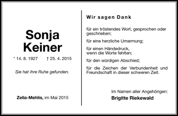 Traueranzeige von Sonja Keiner von Südthüringer Presse