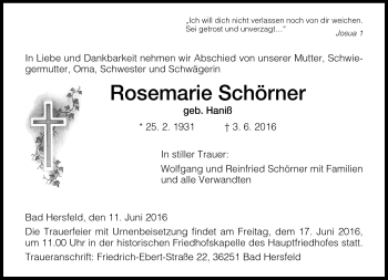 Traueranzeige von Rosemarie Schörner von Frankenpost