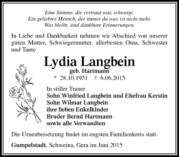 Traueranzeige von Lydia Langbein von Südthüringer Presse