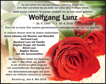 Traueranzeige von Wolfgang Lunz von Neue Presse Coburg