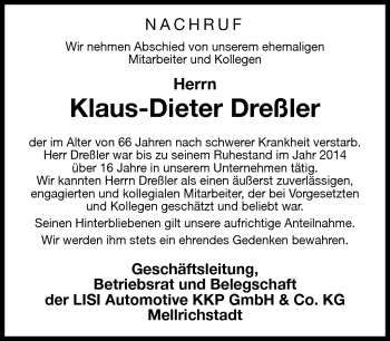Traueranzeige von Klaus-Deiter Dreßler von Südthüringer Presse