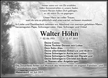 Traueranzeige von Walter Höhn von Südthüringer Presse