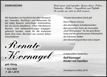 Traueranzeige von Renate Kornagel von Südthüringer Presse