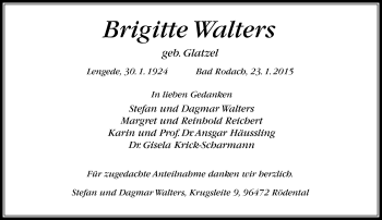 Traueranzeige von Brigitte Walters von Neue Presse Coburg