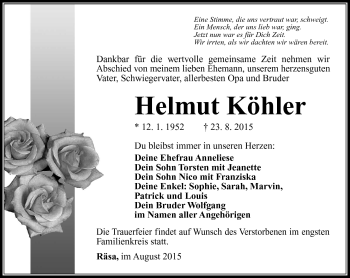 Traueranzeige von Helmut Köhler von Südthüringer Presse