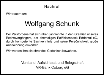 Traueranzeige von Wolfgang Schunk von Neue Presse Coburg