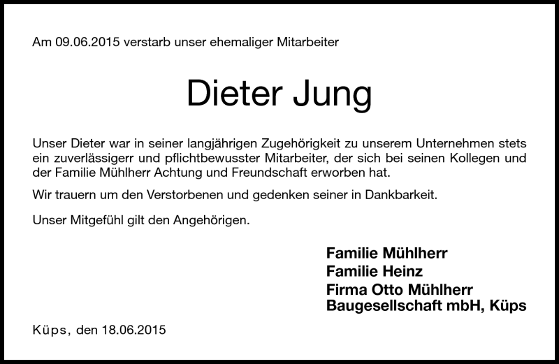  Traueranzeige für Dieter Jung vom 18.06.2015 aus Neue Presse Coburg