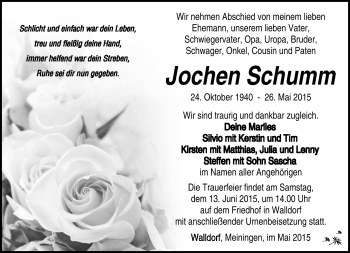 Traueranzeige von Hans-Joachim Schumm von Südthüringer Presse