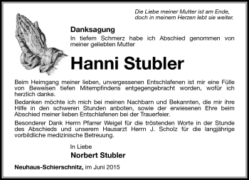Traueranzeige von Hanni Stubler von Südthüringer Presse