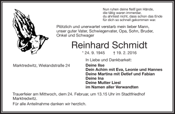 Traueranzeige von Reinhard Schmidt von Frankenpost