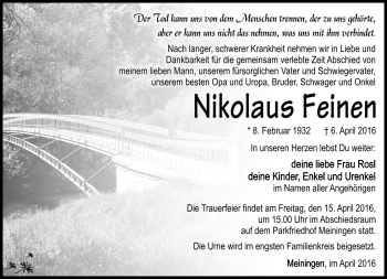 Traueranzeige von Nikolaus Feinen von Südthüringer Presse
