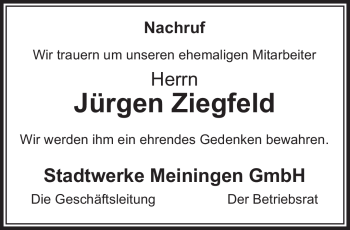 Traueranzeige von Jürgen Ziegfeld von Südthüringer Presse