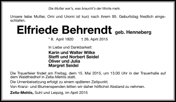 Traueranzeige von Elfriede Behrendt von Südthüringer Presse