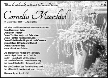 Traueranzeige von Cornelia Muschiol von Südthüringer Presse