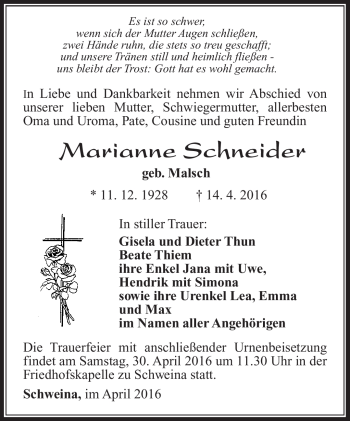 Traueranzeige von Marianne Schneider von Südthüringer Presse
