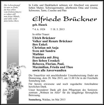 Traueranzeige von Elfriede Brückner von Südthüringer Presse