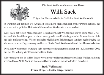 Traueranzeige von Willi Sack von Frankenpost