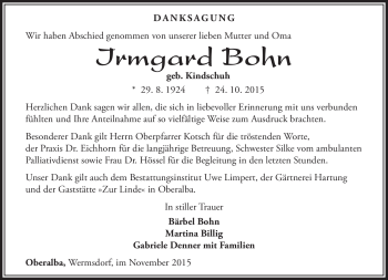 Traueranzeige von Irmgard Bohn von Südthüringer Presse