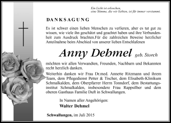 Traueranzeige von Anny Dehmel von Südthüringer Presse