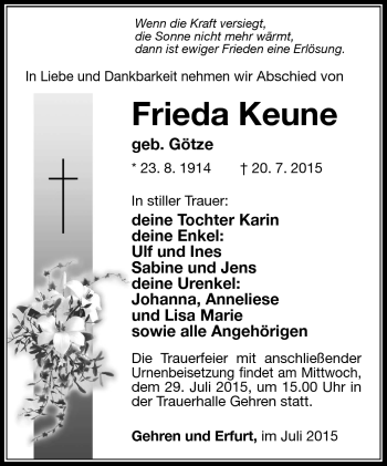 Traueranzeige von Frieda Keune von Südthüringer Presse