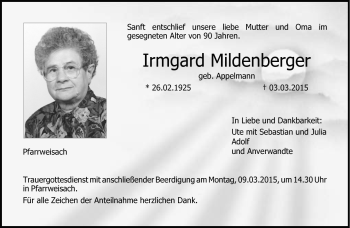 Traueranzeige von Irmgard Mildenberger von Neue Presse Coburg